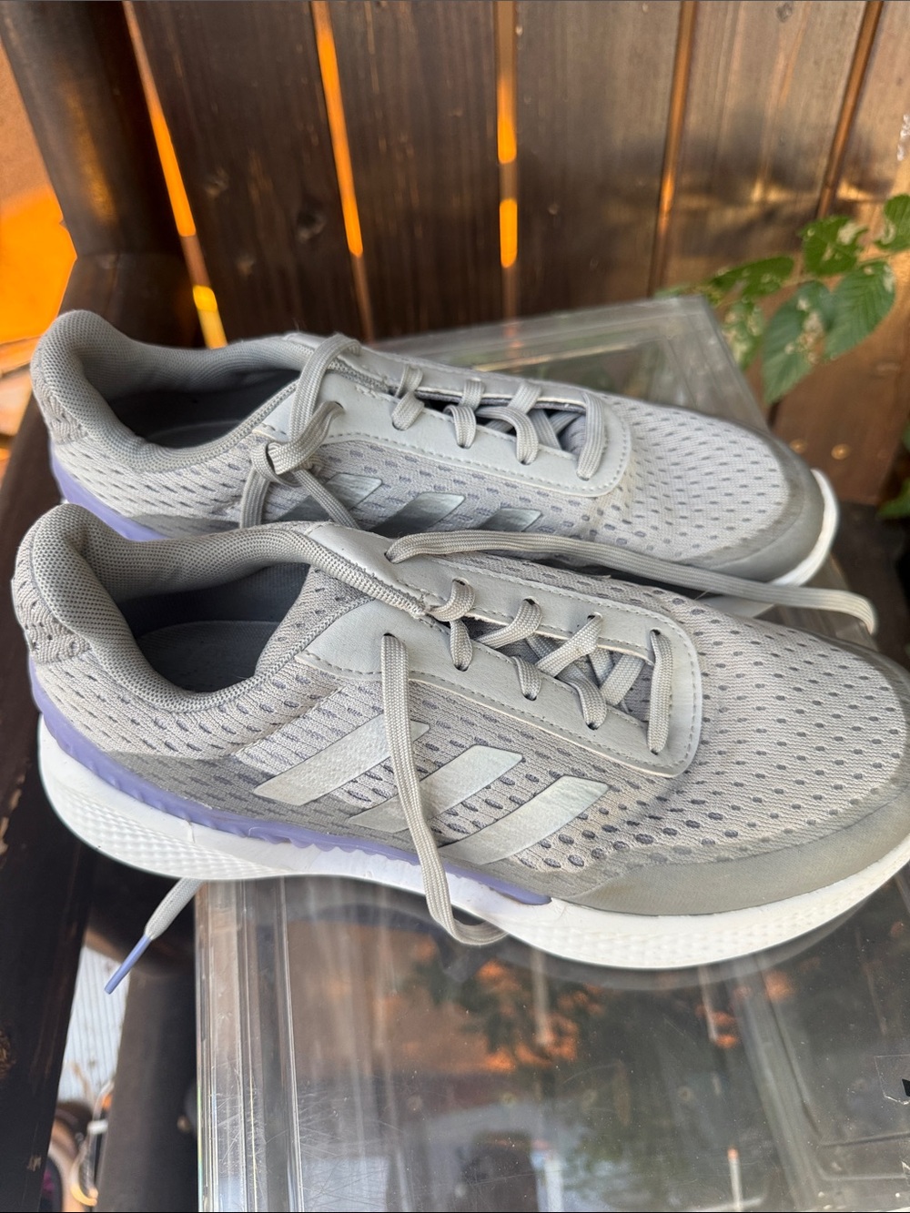 adidas Women's Gray Athletic Running Shoes with Purple Accent